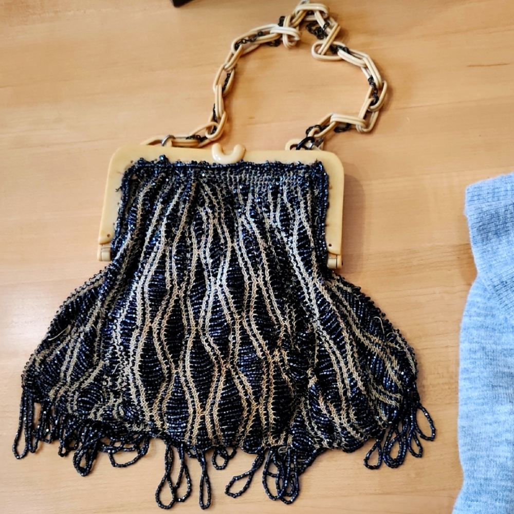 Elegant Black and Gold Beaded Women's Bag Vintage rework